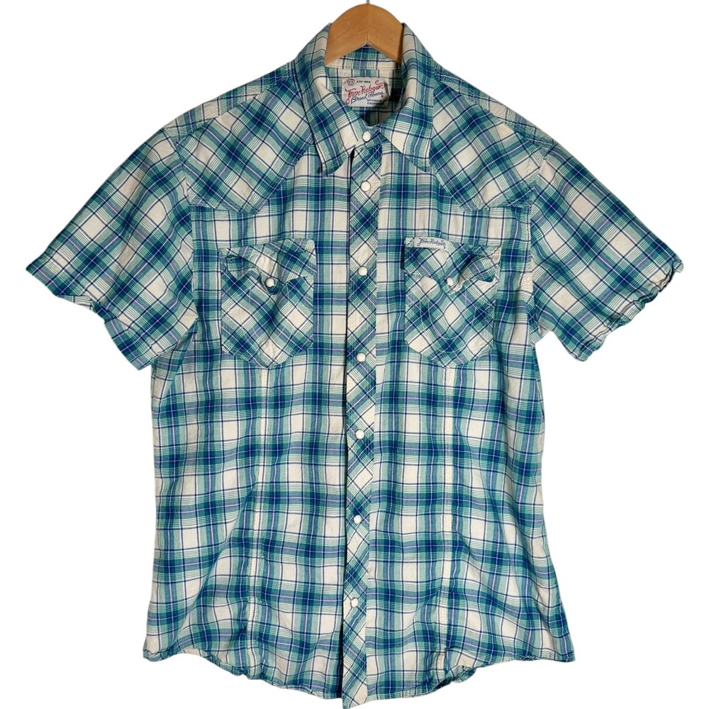 True Religion Men's Rocky Short Sleeve Pearl Snap Plaid Western Shirt Blue XL